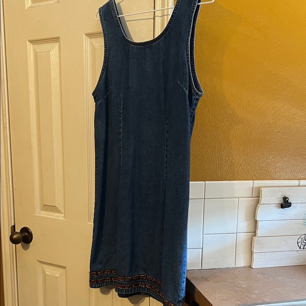 Denim Sleeveless Dress with Embroidered Hem